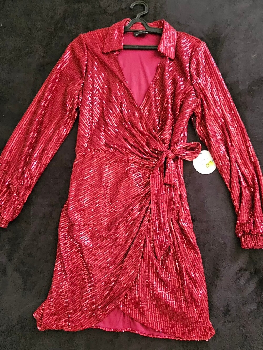 Red Sequin Wrap Dress with Tie Waist